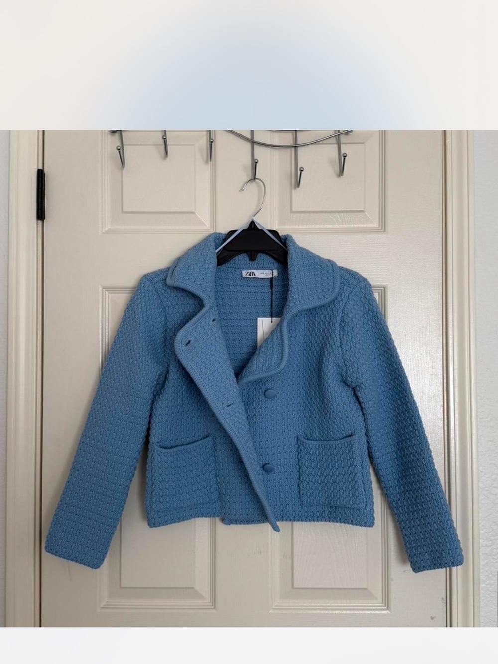 Zara Light Blue Textured Knit Cropped Blazer